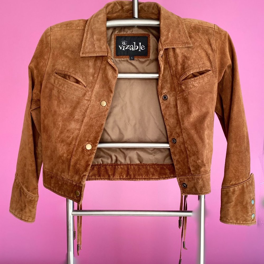 VIZABLE SUEDE LEATHER COWBOY JACKET with FRINGES AND SNAPS CLOSURE
